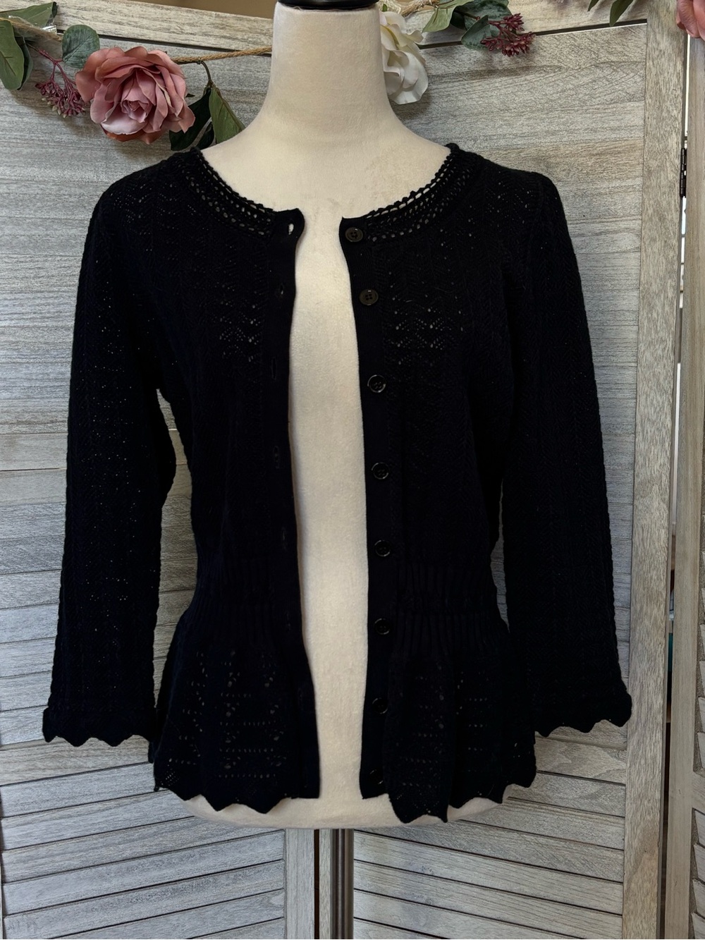 Y2K Vintage EXPRESS Black Crochet Knit Cardigan w/ Crochet Peplum, Women’s SZ LG - Picture 12 of 16